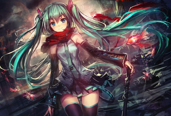 Anime picture 1300x885 with vocaloid hatsune miku lm7 (op-center) single looking at viewer blush blue eyes twintails very long hair aqua hair zettai ryouiki girl skirt detached sleeves miniskirt necktie scarf fish (fishes)