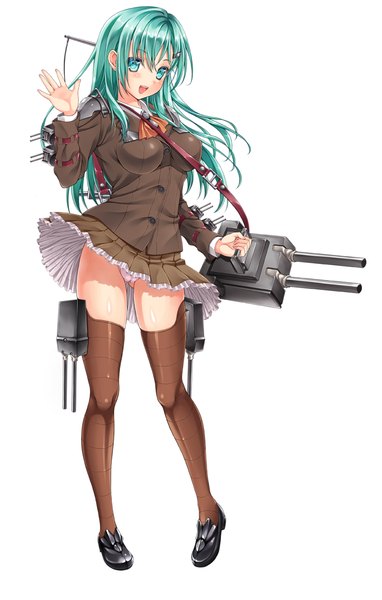 Anime picture 840x1320 with kantai collection suzuya heavy cruiser raku rin long hair tall image blush open mouth light erotic aqua eyes aqua hair pantyshot girl thighhighs dress underwear panties weapon