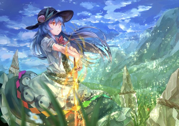 Anime picture 1414x1000 with touhou hinanawi tenshi zicai tang long hair red eyes blue hair looking away sky cloud (clouds) mountain girl dress weapon plant (plants) hat sword katana grass fire hisou no tsurugi