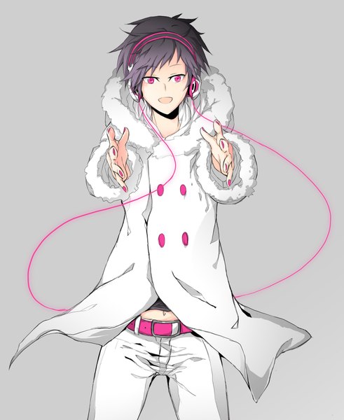 Anime picture 1500x1832 with durarara!! brains base (studio) psychedelic dreams orihara izaya single tall image short hair open mouth black hair simple background red eyes nail polish grey background boy navel headphones fur wire (wires)