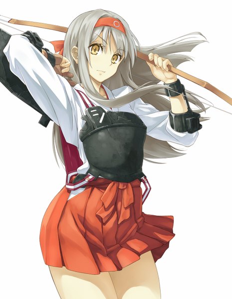 Anime picture 1162x1500 with kantai collection shoukaku aircraft carrier kekemotsu single long hair tall image looking at viewer simple background white background brown eyes silver hair traditional clothes japanese clothes frown girl ribbon (ribbons) weapon hair ribbon armor bow (weapon)