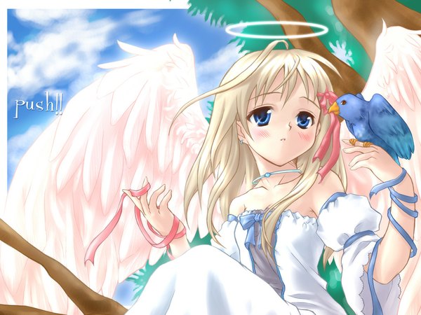 Anime picture 1024x768 with single long hair blush fringe blue eyes blonde hair bare shoulders payot looking away cloud (clouds) upper body ahoge sunlight angel wings angel bird on hand girl dress hair ornament bow