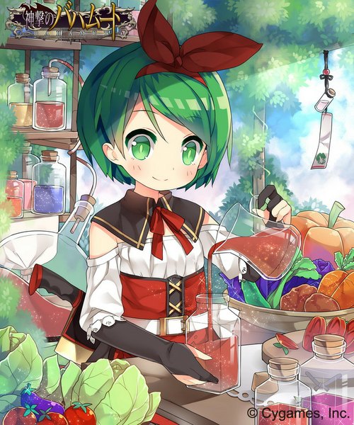 Anime picture 667x800 with original saru (longbb) single tall image blush fringe short hair smile sitting green eyes looking away green hair loli girl dress bow plant (plants) hair bow detached sleeves bottle