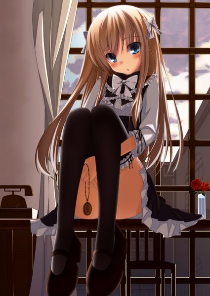 Anime picture 1133x1600 with original pastel-pastel single long hair tall image blush blue eyes blonde hair sitting girl thighhighs dress bow black thighhighs hair bow window