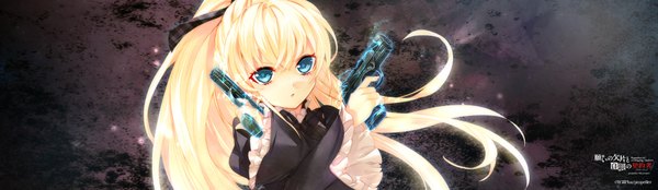 Anime picture 2048x596 with negai no kakera to hakugin no agreement jessica francoise magritte manyako (mohumohu) single long hair looking at viewer blue eyes blonde hair wide image dark background girl dress weapon gun pistol