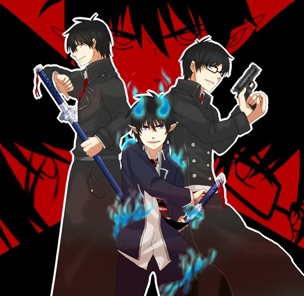 Anime picture 1072x1044 with ao no exorcist a-1 pictures okumura rin okumura yukio night (ao no exorcist) short hair blue eyes black hair smile red eyes pointy ears black background group red background siblings zoom layer twins brothers boy uniform