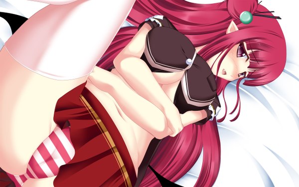 Anime picture 2560x1600 with ren ri (artist) single long hair looking at viewer blush highres breasts open mouth light erotic large breasts purple eyes cleavage red hair teeth fang (fangs) underboob cameltoe breast hold upskirt girl