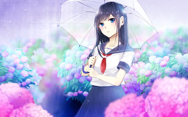 Anime picture 2000x1255 with original kohisa single long hair looking at viewer blush fringe highres blue eyes black hair standing holding outdoors parted lips pleated skirt blurry short sleeves depth of field rain girl