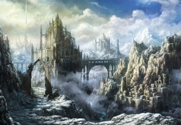 Anime picture 3000x2076 with original tomaknights (artist) highres sky cloud (clouds) city mountain no people river rock castle bridge arch