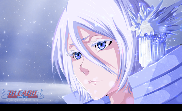 Anime picture 1200x737 with bleach studio pierrot kuchiki rukia zetsu-c single fringe short hair blue eyes hair between eyes wide image white hair inscription coloring snowing winter close-up snow girl ice