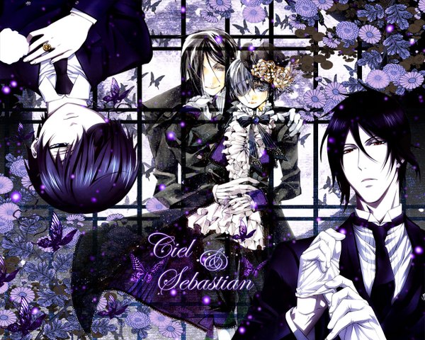 Anime picture 1280x1024 with kuroshitsuji a-1 pictures sebastian michaelis ciel phantomhive looking at viewer short hair blue eyes black hair red eyes inscription multiple boys butler boy gloves flower (flowers) hat earrings necktie bowtie insect