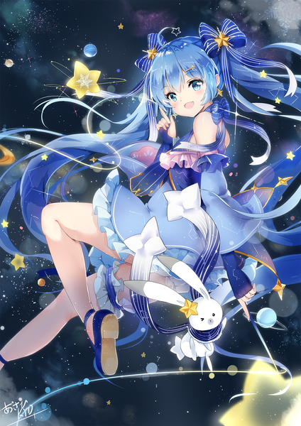 Anime picture 1442x2039 with vocaloid star night snow (vocaloid) hatsune miku yuki miku rabbit yukine yuki miku (2017) asahi kuroi single tall image looking at viewer blush open mouth blue eyes light erotic smile twintails signed payot blue hair ahoge