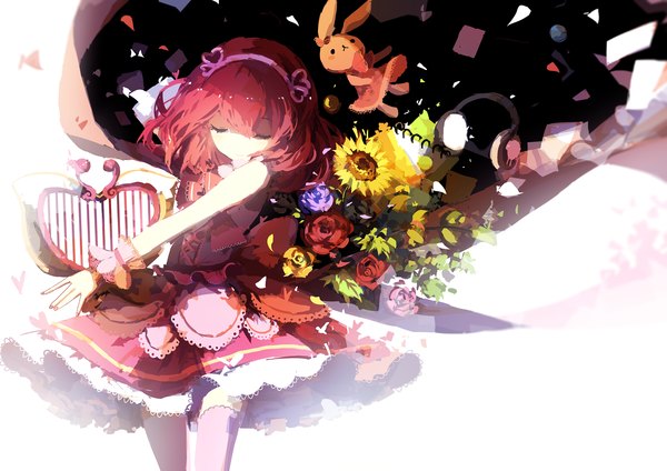 Anime picture 1800x1273 with prophet chu single highres short hair red hair eyes closed magical girl girl thighhighs dress flower (flowers) headphones toy stuffed animal musical instrument lace paper sunflower harp