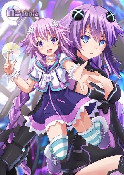 Anime picture 1200x1697 with choujigen game neptune neptune (choujigen game neptune) purple heart kazenokaze long hair tall image looking at viewer blue eyes purple eyes multiple girls purple hair braid (braids) girl thighhighs dress hair ornament 2 girls striped thighhighs cd