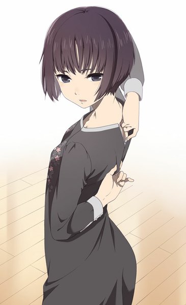 Anime picture 500x821 with original mattaku mousuke single tall image fringe short hair breasts open mouth brown hair standing holding looking away from above black eyes floral print hands behind back bob cut adjusting clothes girl dress