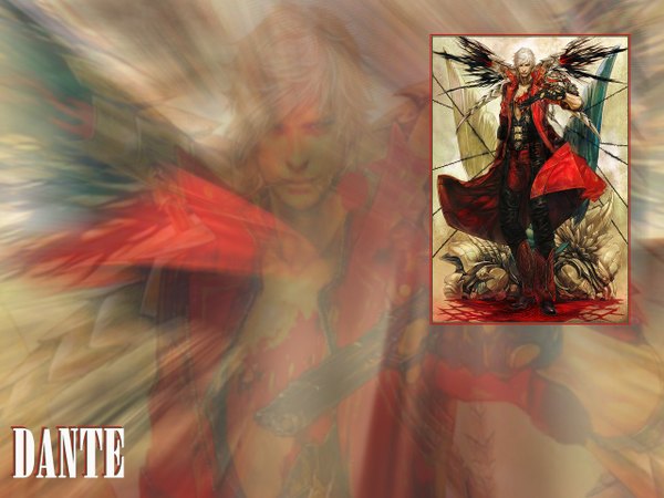 Anime picture 1280x960 with devil may cry dante (devil may cry) offrecord (rae) short hair standing silver hair white hair inscription framed zoom layer battle boy wings blood chain cloak pistol monster