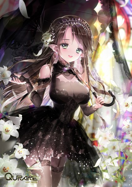 Anime picture 2149x3035 with original miteddy single long hair tall image looking at viewer blush highres breasts open mouth blue eyes black hair large breasts pointy ears girl dress flower (flowers) petals black dress umbrella