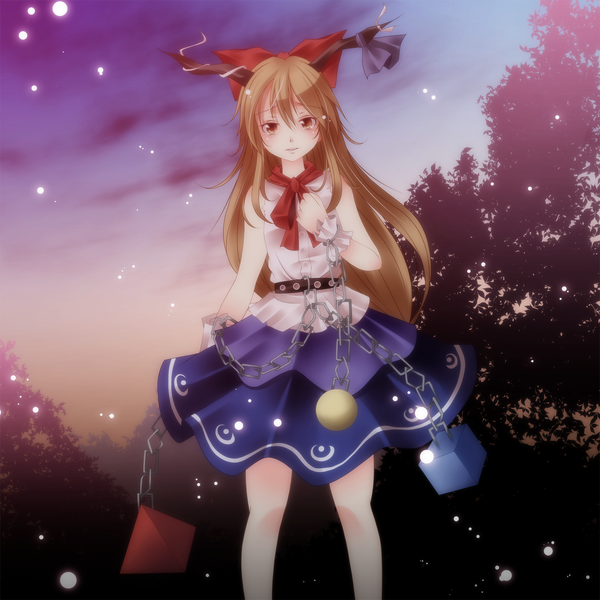 Anime picture 1500x1500 with touhou ibuki suika s-syogo single long hair red eyes brown hair horn (horns) night girl dress chain shackles