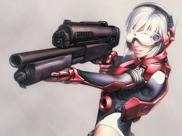 Anime picture 1200x900 with iwai ryo simple background white hair realistic boy weapon glasses headphones gun bodysuit pilot suit rifle