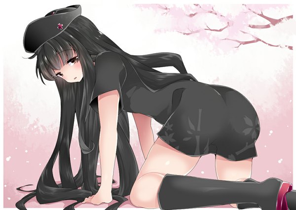 Anime picture 1000x710 with touhou houraisan kaguya hammer (sunset beach) single long hair looking at viewer blush fringe open mouth black hair standing brown eyes looking back short sleeves kneeling cherry blossoms on all fours girl thighhighs black thighhighs