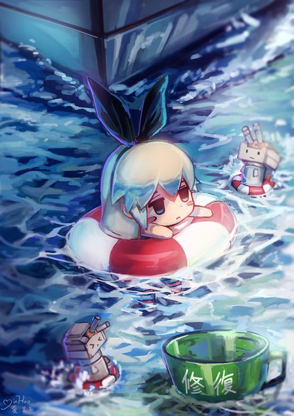 Anime picture 1000x1415 with kantai collection shimakaze destroyer rensouhou-chan minhoo single long hair tall image blush fringe open mouth blue eyes blonde hair looking away chibi girl water cup teacup