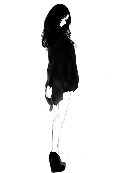 Anime picture 1000x1414 with original sousou (sousouworks) single long hair tall image black hair simple background standing white background looking away full body monochrome wavy hair hands behind back girl ankle boots