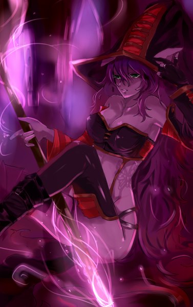 Anime picture 911x1448 with league of legends lulu (league of legends) yosuki (artist) single long hair tall image light erotic bare shoulders green eyes looking away purple hair magic girl hat detached sleeves single glove