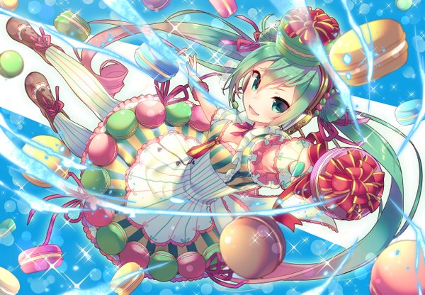 Anime picture 1240x860 with vocaloid hatsune miku tahya single long hair looking at viewer blush fringe open mouth smile hair between eyes twintails green eyes pink hair cleavage nail polish :d multicolored hair fingernails green hair