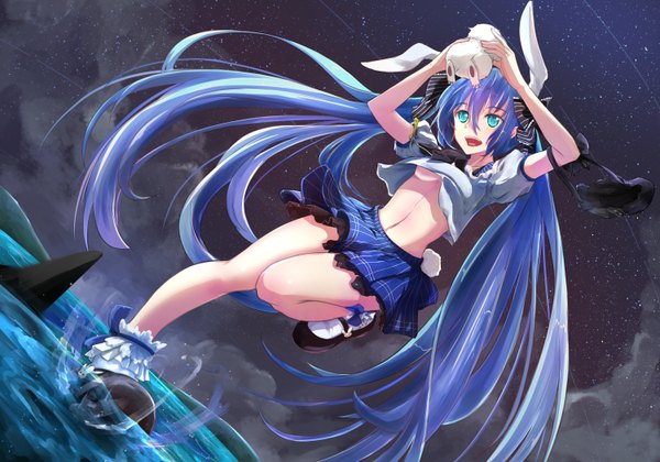 Anime picture 1500x1052 with vocaloid hatsune miku realdragon single looking at viewer blush open mouth blue eyes light erotic twintails animal ears blue hair very long hair midriff girl skirt navel miniskirt socks shoes