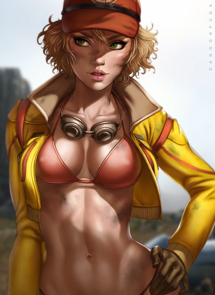 Anime picture 627x860 with final fantasy final fantasy xv square enix cidney aurum dandon fuga single tall image short hair breasts light erotic blonde hair green eyes looking away parted lips lips realistic open jacket bare belly midriff hand on hip