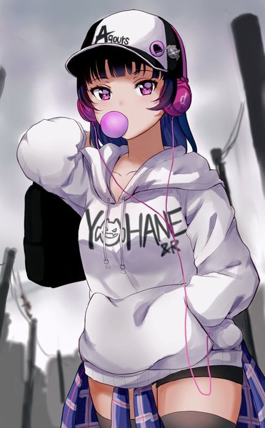 Anime picture 634x1024 with love live! sunshine!! sunrise (studio) love live! tsushima yoshiko mia (fai1510) single long hair tall image looking at viewer fringe standing purple eyes holding payot blue hair blunt bangs long sleeves arm up blurry depth of field