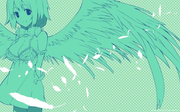 Anime picture 1920x1200 with boku ga tenshi ni natta wake aine (boku ga tenshi ni natta wake) fujimaru (bluebrand) single looking at viewer highres short hair breasts smile wide image large breasts angel wings polka dot green background polka dot background girl wings jewelry feather (feathers)