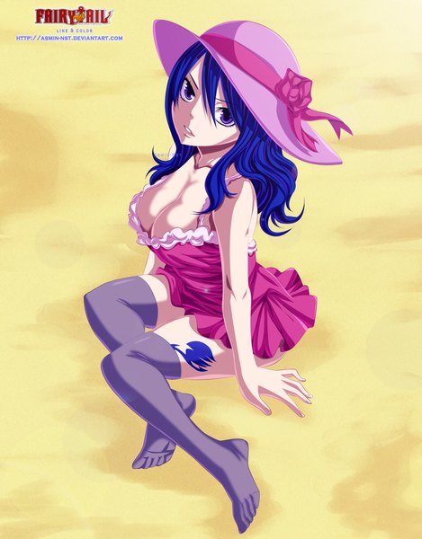 Anime picture 2938x3758 with fairy tail juvia lockser iitheluciferii single long hair tall image highres light erotic purple eyes blue hair light smile from above inscription tattoo copyright name coloring girl thighhighs black thighhighs hat