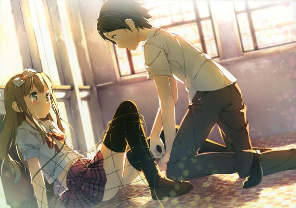 Anime picture 5100x3600 with hentai ouji to warawanai neko j.c. staff azuki azusa yokodera youto kantoku long hair blush highres short hair blonde hair brown hair sitting brown eyes green eyes absurdres sunlight scan official art kneeling plaid skirt