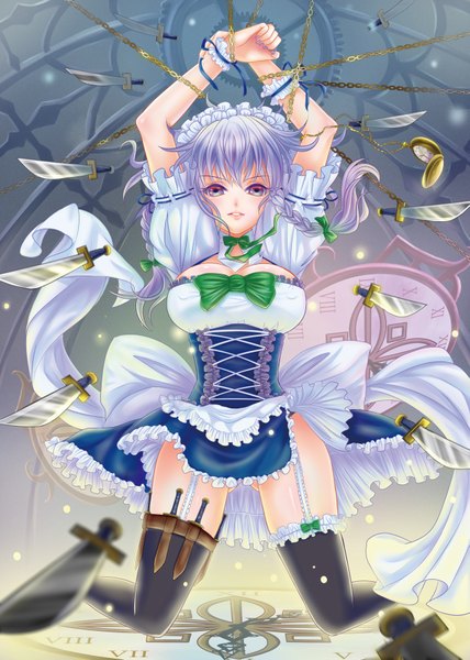 Anime picture 2551x3578 with touhou izayoi sakuya eruda(ej) single tall image looking at viewer highres short hair light erotic purple eyes cleavage silver hair braid (braids) arms up maid girl thighhighs ribbon (ribbons) weapon black thighhighs