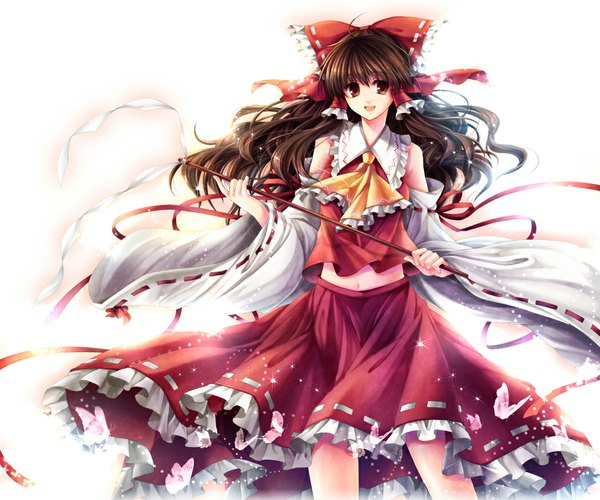 Anime picture 1050x875 with touhou hakurei reimu hagiwara rin long hair simple background smile brown hair white background brown eyes miko girl skirt bow hair bow detached sleeves insect butterfly skirt set