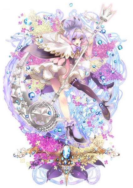 Anime picture 1060x1500 with original plastick single tall image short hair open mouth purple eyes purple hair girl thighhighs dress flower (flowers) black thighhighs frills crystal scythe