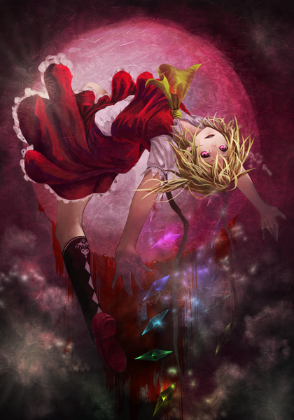 Anime picture 1400x2000 with touhou flandre scarlet akaikitsune single tall image short hair open mouth blonde hair red eyes red moon girl dress wings socks black socks blood crystal