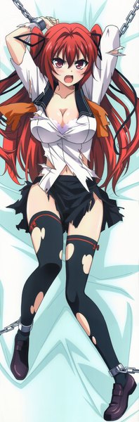 Anime picture 2406x7287 with shinmai maou no testament production ims naruse mio single long hair tall image looking at viewer blush highres breasts open mouth light erotic purple eyes full body red hair torn clothes dakimakura (medium) girl thighhighs black thighhighs