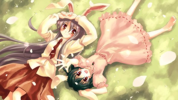 Anime picture 3200x1800 with touhou studio sdt reisen udongein inaba inaba tewi yuuki tatsuya highres wide image animal ears absurdres lying barefoot from behind bunny ears bunny girl girl petals necktie