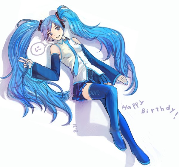 Anime picture 1000x932 with vocaloid hatsune miku sime (echo) single long hair blue eyes simple background smile white background twintails blue hair nail polish inscription shadow happy birthday blue nail polish girl detached sleeves thigh boots