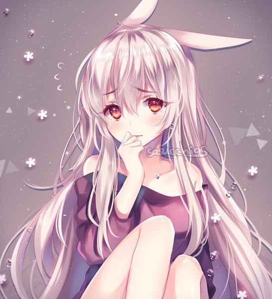 Anime picture 900x989 with original sasucchi95 single long hair tall image looking at viewer blush fringe light erotic simple background hair between eyes red eyes sitting bare shoulders signed animal ears silver hair ahoge off shoulder grey background