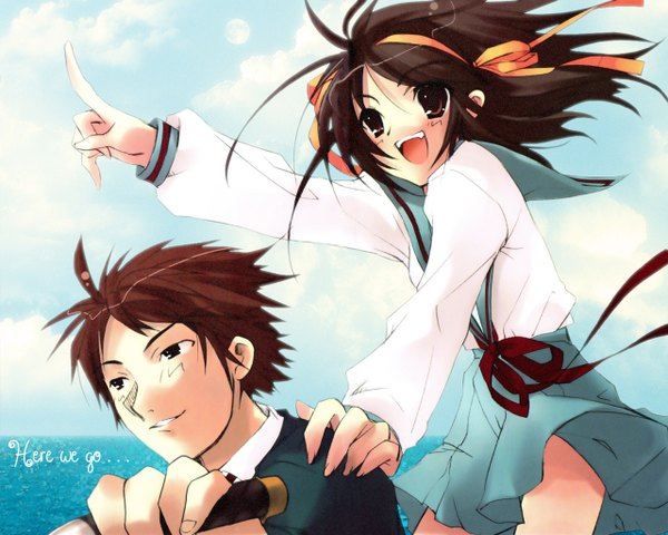 Anime picture 1280x1024 with suzumiya haruhi no yuutsu kyoto animation suzumiya haruhi kyon short hair open mouth smile brown eyes sky cloud (clouds) wind couple pointing girl boy uniform ribbon (ribbons) school uniform sea ground vehicle