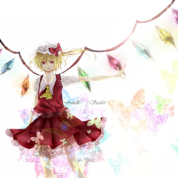 Anime picture 1500x1500 with touhou flandre scarlet nuko (62ys18) single short hair blonde hair smile red eyes girl dress bow wings insect butterfly bonnet crystal