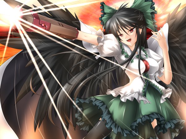 Anime picture 1200x900 with touhou reiuji utsuho kuragari (artist) long hair open mouth black hair red eyes black wings arm cannon girl thighhighs bow weapon black thighhighs hair bow wings
