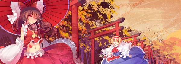 Anime picture 1754x620 with touhou hakurei reimu alice margatroid rain lan long hair fringe short hair blonde hair red eyes brown hair wide image multiple girls holding outdoors traditional clothes wide sleeves bare belly midriff orange eyes hand on chest