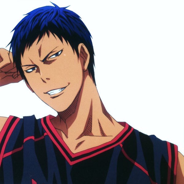 Anime picture 2975x2980 with kuroko no basket production i.g aomine daiki single tall image looking at viewer highres short hair blue eyes simple background smile white background blue hair head tilt scan official art dark skin portrait arm behind head clenched teeth