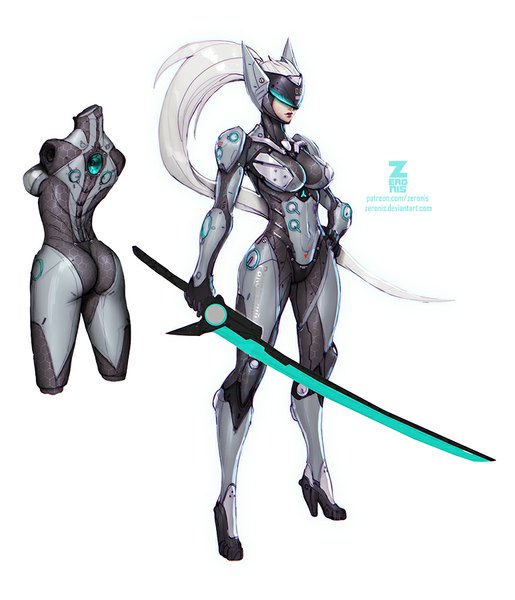 Anime picture 772x900 with original paul (shiramune) single tall image breasts light erotic simple background white background silver hair ass ponytail very long hair lips realistic girl weapon sword suit ninja cyborg