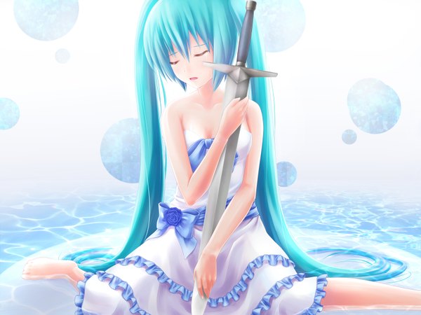 Anime picture 3200x2400 with vocaloid hatsune miku fringe highres sitting twintails absurdres bent knee (knees) eyes closed very long hair barefoot girl dress bow weapon sword water