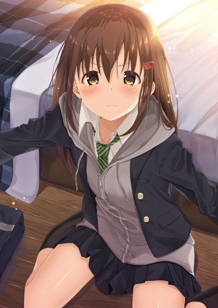 Anime picture 1032x1457 with original kukiha single long hair tall image looking at viewer blush brown hair sitting brown eyes long sleeves pleated skirt sunlight sparkle sweat wariza spread arms sweatdrop frown girl